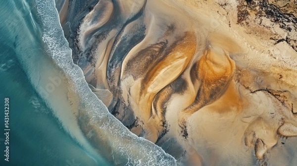 Fototapeta Coastal aerial view, sand patterns, ocean waves, abstract texture. Background use website, design