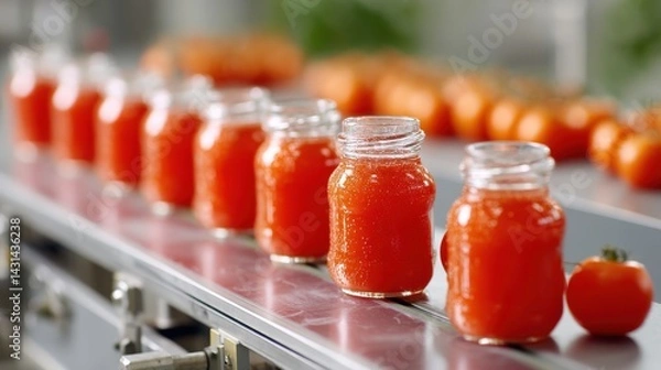 Fototapeta Ripe Cherry Tomatoes on Conveyor Belt - Automated Harvesting and Food Processing Line, Fresh Produce Inspection.