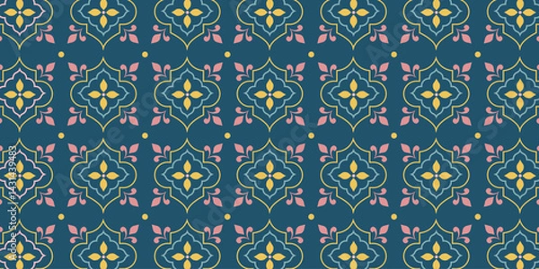 Obraz Seamless Arabic style pattern. Geometric tile motif with floral elements for textile design, wallpaper, wrapping paper, invitations, stationery and decor. 
Vector illustration