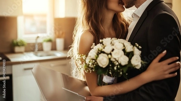 Fototapeta Romantic Couple's Kiss: White Roses, Sunlit Kitchen