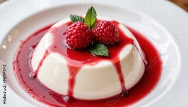 Fototapeta Fine Dining Dessert Panna Cotta with Raspberry Sauce Captured in Close-Up Culinary Photography