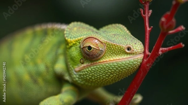 Fototapeta Close-Up View of Green Chameleon on Branch with Red Twigs