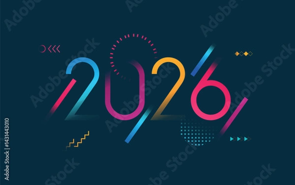 Fototapeta Happy New Year 2026 greeting card with fireworks and colored numbers on texture background 
