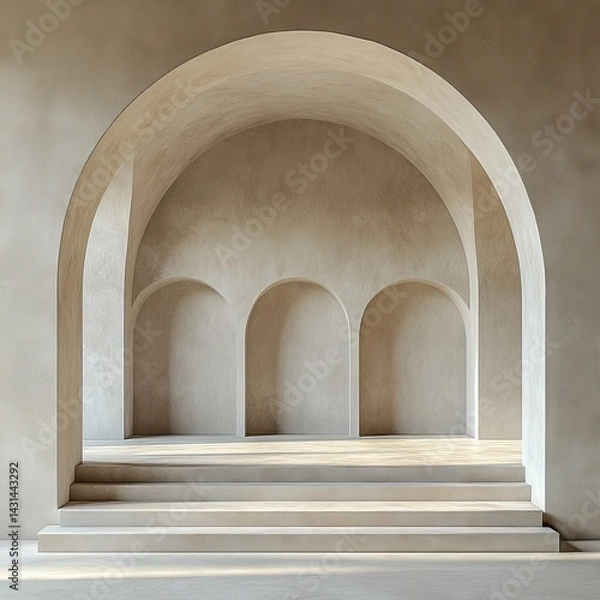 Fototapeta Architectural niche with arches and steps in a neutral colored wall.