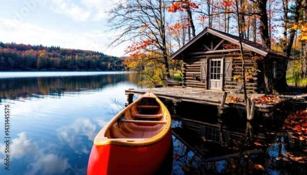 Fototapeta Autumn Canoeing Adventure at Tranquil Lake Cabin Serene Nature Scene Vibrant Environment Scenic View