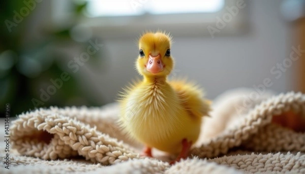 Fototapeta Charming Little Duckling Cozy Indoor Space Wildlife Photography Soft Textures Close-up View Adorable Concept