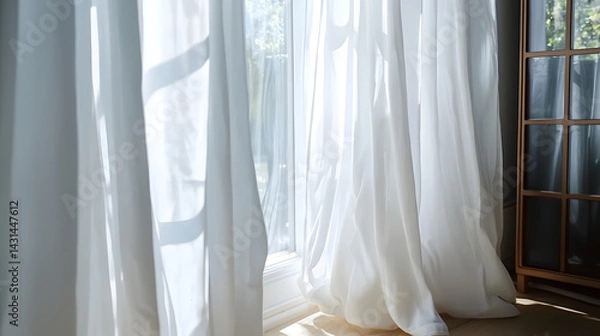 Fototapeta White curtains are blowing in the wind. Generated using AI.