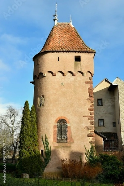 Fototapeta Tour d’enceinte des anciens remparts d’Obernai en face de l’église Saint-Pierre-et-Paul en Alsace