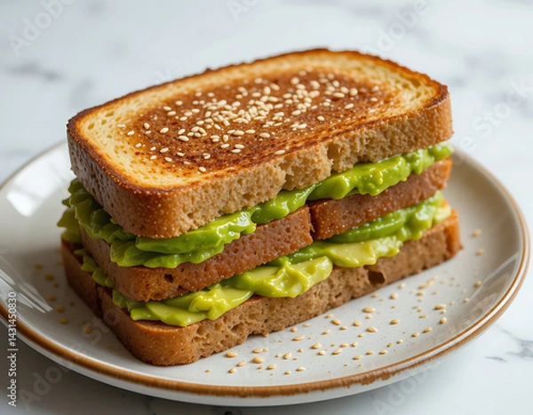 Fototapeta Layered avocado sandwich stacked between toasted whole grain bread with sesame seeds