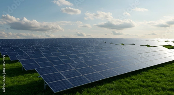 Fototapeta Vast Solar Farm Energy Production on a Sunny Day