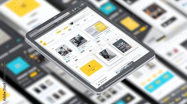 Obraz A tablet displays a sleek, modern app interface showcasing various product cards with images, prices, and descriptions. The design emphasizes clean lines and a user-friendly layout.