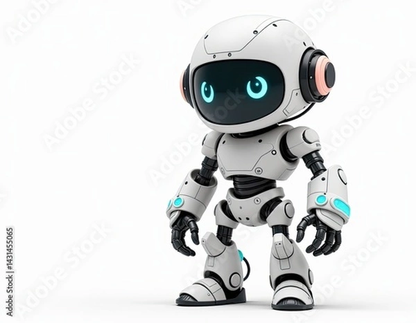Fototapeta Cute White Robot, Friendly AI Character, 3D Rendered Bot