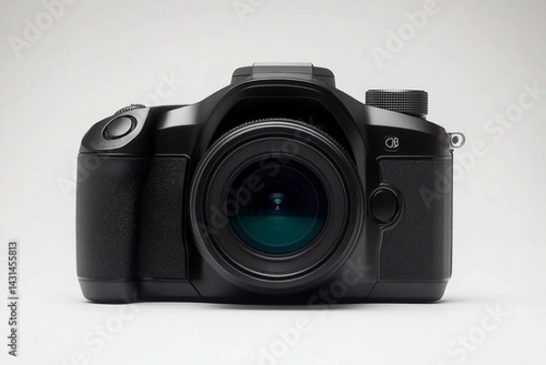 Fototapeta Black digital camera with lens cap positioned on a neutral background, showcasing a sleek design and camera features