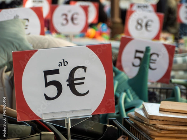 Fototapeta Flea Market Signs Displaying Pricing for Bargain Finds