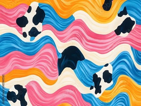 Obraz Abstract wavy stripes in pink, orange, and blue with cow print overlay, colorful retro aesthetic design