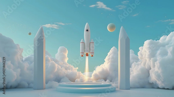 Fototapeta Rocket launch over serene water landscape with fluffy clouds and distant planets