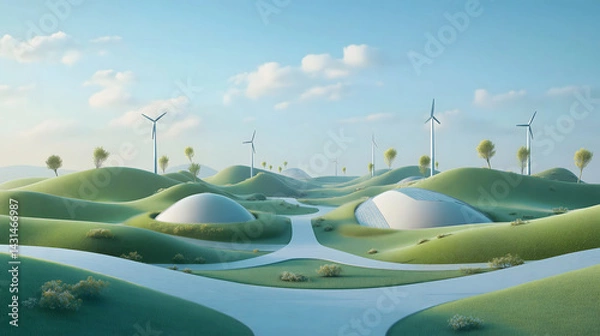 Fototapeta Innovative eco-friendly landscape featuring solar panels and wind turbines in a peaceful setting