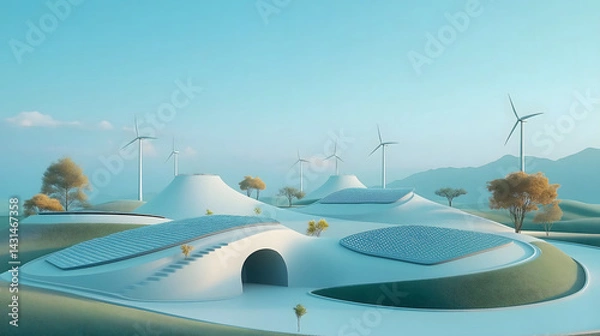 Fototapeta Innovative eco-friendly landscape featuring solar panels and wind turbines in a peaceful setting