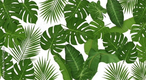 Fototapeta Close-up shot reveals vibrant, lush foliage of diverse tropical leaves against a dark background