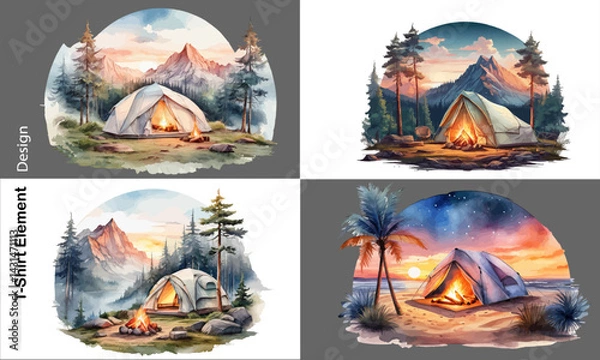 Fototapeta Travel Camping t shirt design and mountain adventure Vintage logo vector illustration