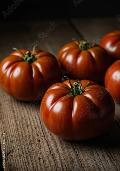 Fototapeta Dark Red Tomatoes Under Soft Light on Aged Wood