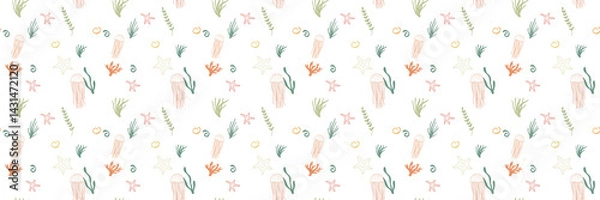 Fototapeta Seamless pattern of pastel-colored jellyfish, coral, seaweed, and shells on a light gray background. Whimsical and repeating underwater life design.