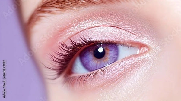 Fototapeta Closeup of a woman's eye with purple eyeshadow and long lashes