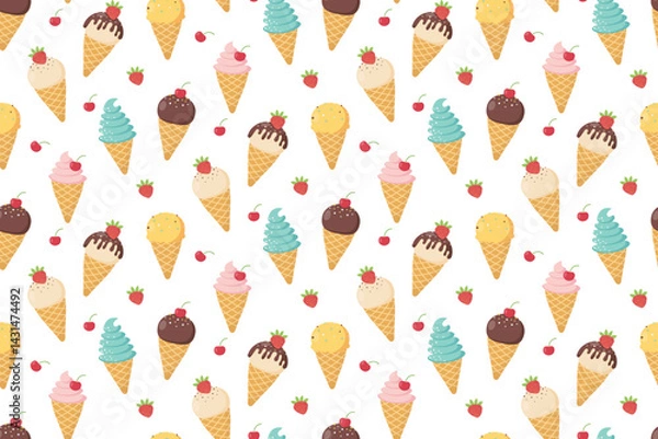Obraz Cute seamless pattern with ice cream cone with different flavors, strawberry and cherry. Design for packaging, fabric, clothes, postcards. Vector illustration