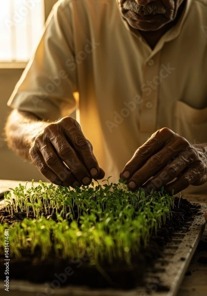 Fototapeta Elderly Hands Nurturing Sprouts by Window Light