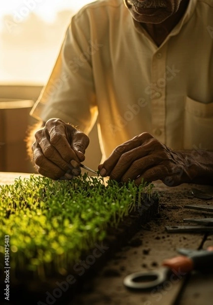 Fototapeta Elderly Hands Use Tweezers on Sprouts in Golden Light