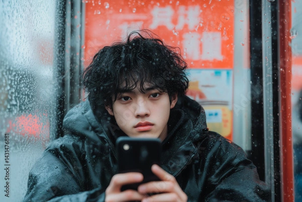 Fototapeta A young person with curly hair sits in a bus shelter, focused on their smartphone while rain droplets create a blurred background, capturing a moment of solitude in the city