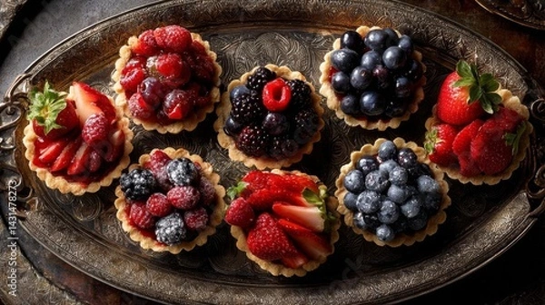 Obraz Assorted Berry Tartlets Arranged as a Delightful Dessert Selection on a Vintage Platter