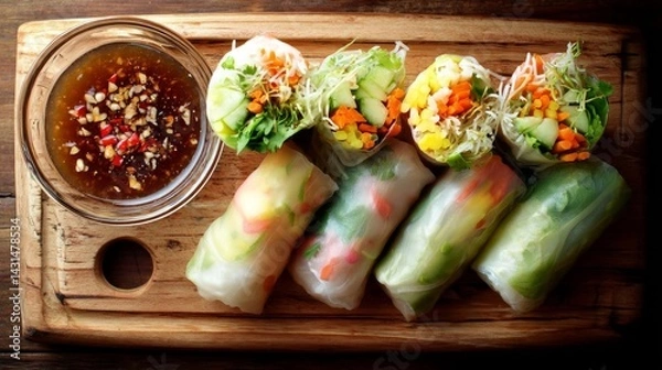 Obraz Colorful Fresh Spring Rolls Served With Dipping Sauce on a Wooden Board