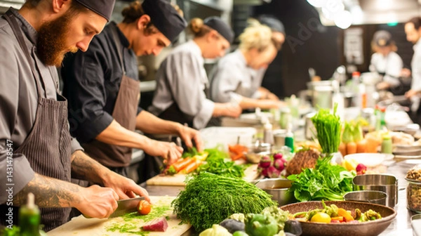 Fototapeta Busy professional kitchen scene with chefs prepping fresh ingredients, herbs and vegetables on table, dynamic restaurant energy
