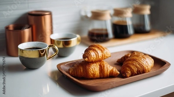 Obraz Golden Croissants and Rich Espresso Create a Delightful Morning Experience in a Cozy Cafe