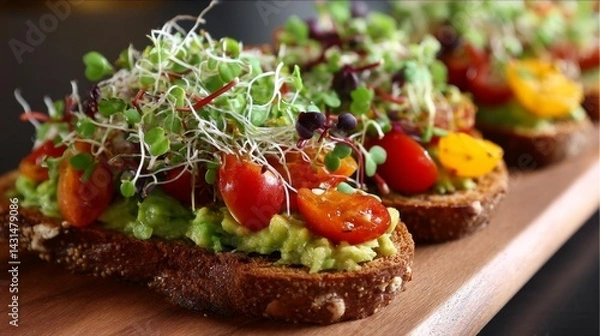 Obraz Vegan Avocado Toast Topped With Fresh Vegetables Served at a Cozy Café in the Morning