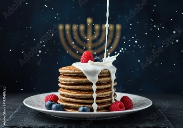 Fototapeta Hanukkah Pancakes with Cream Pour and Berries