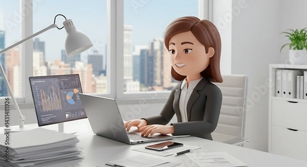 Fototapeta Business Woman Working at Laptop Cartoon 3D.3D cartoon rendering of a businesswoman working on her laptop in a modern office, papers and digital gadgets, city skyline in background, focused 