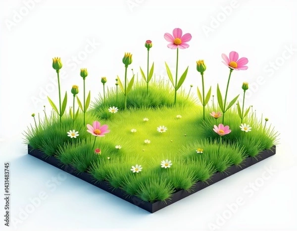 Fototapeta Lush Green Grass Patch with Pink and White Flowers - Spring Meadow in a Square