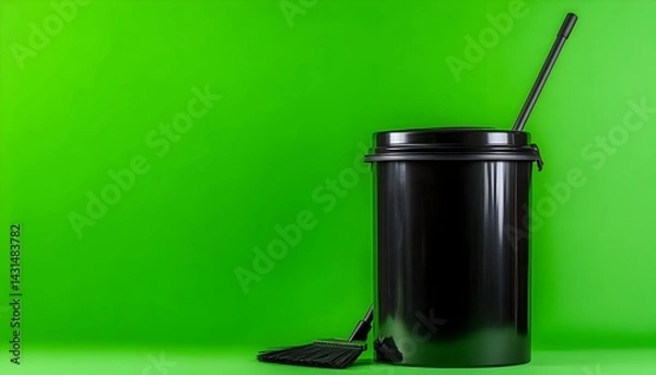 Fototapeta Black trash can with a broom and dustpan against a green background