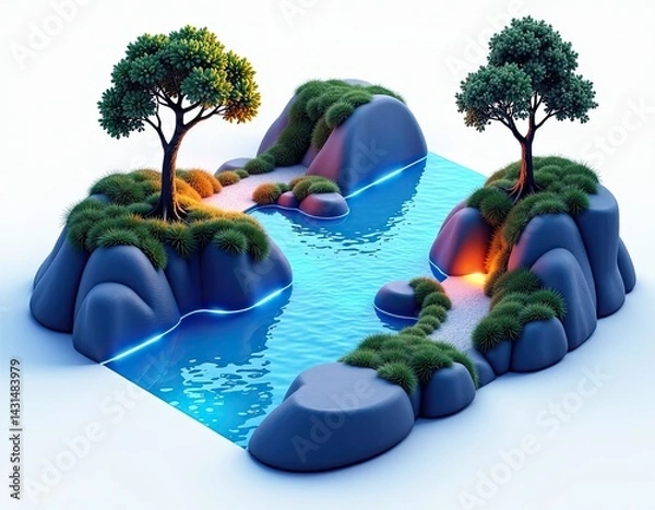 Fototapeta Serene Island Oasis 3D Render of Tranquil Landscape with Glowing Water