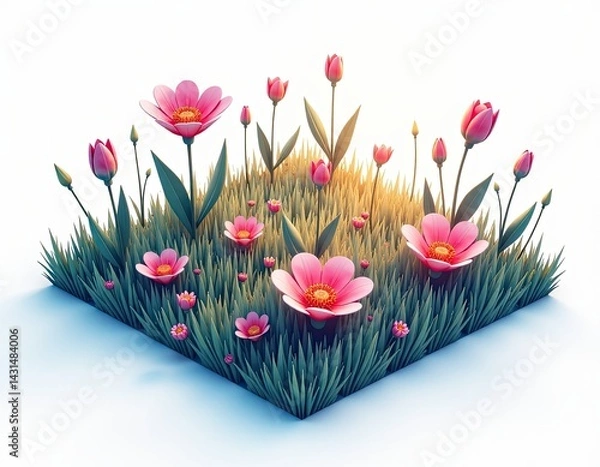 Fototapeta 3D Render of Pink Flowers in Lush Green Grass - Spring Meadow