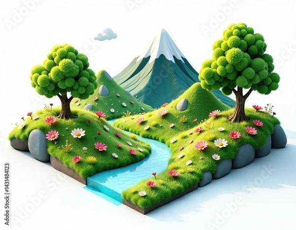 Fototapeta Idyllic Cartoon Landscape Springtime Mountain Stream and Flowers