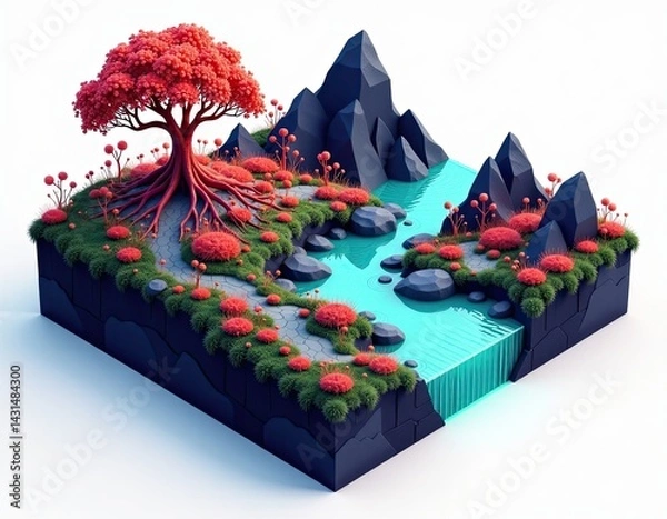 Fototapeta Isometric Landscape with Red Tree and River