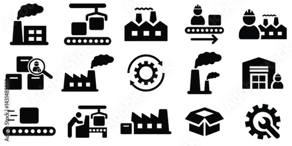 Fototapeta Industrial Factory Line Icons – Editable Vector Set with Machinery, Automation, and Production Elements