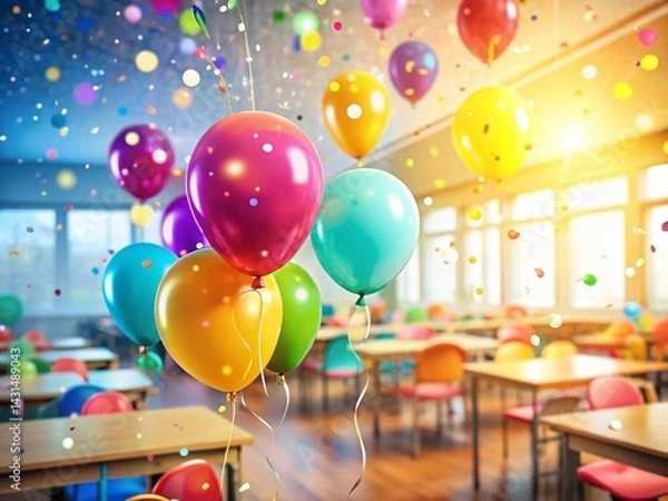 Obraz Colorful Balloons Celebrate Classroom Party - Bokeh Effect Stock Photo