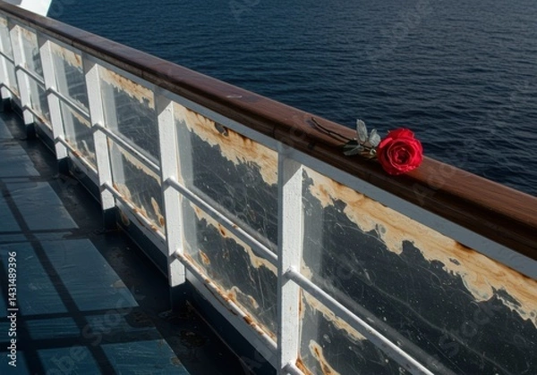 Fototapeta Single Red Rose on Ship's Weathered Railing