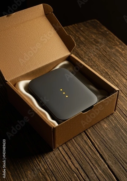 Fototapeta Three Yellow Indicator Dots on Black Device in Open Box