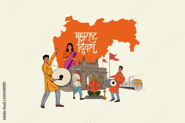 Fototapeta Maharashtra Diwas Calligraphy in Marathi, Hindi, means Happy Maharashtra Day, with Maharashtra culture hand-drawn vector illustration
