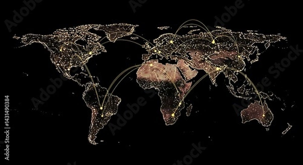 Fototapeta Global Network Connection: World Map with Glowing City Lights and Interconnected Routes